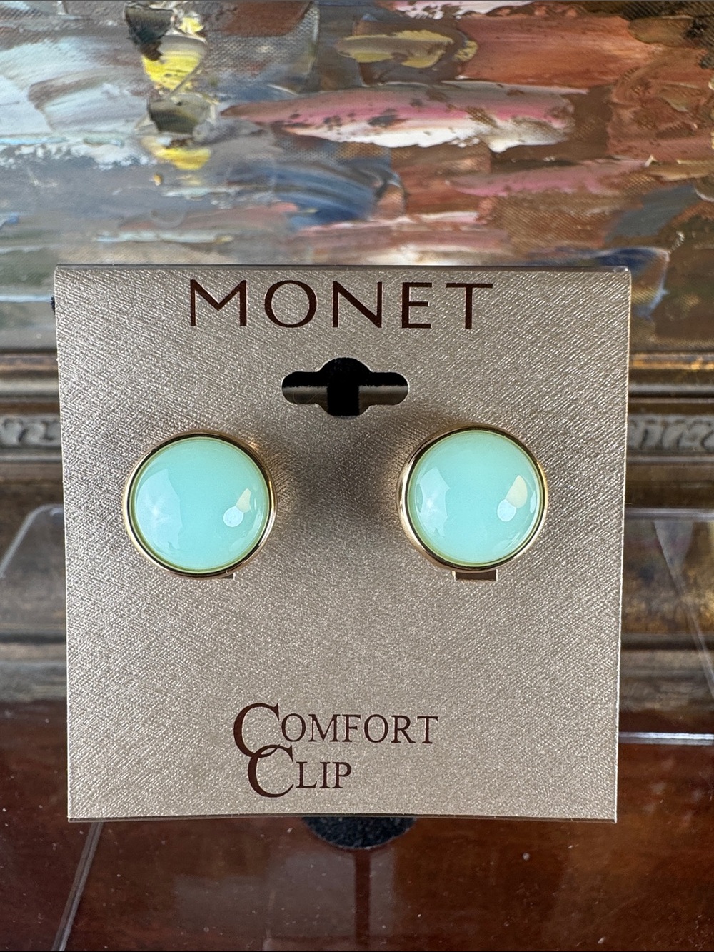 0489-Monet Gold-Tone Mint‎ Green Dome Clip-on Earrings
